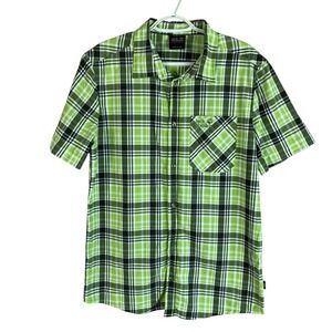 Jack Wolfskin Mens QMC Outdoor Hiking‎ Shirt Medium Green Plaid S/S Polyamide